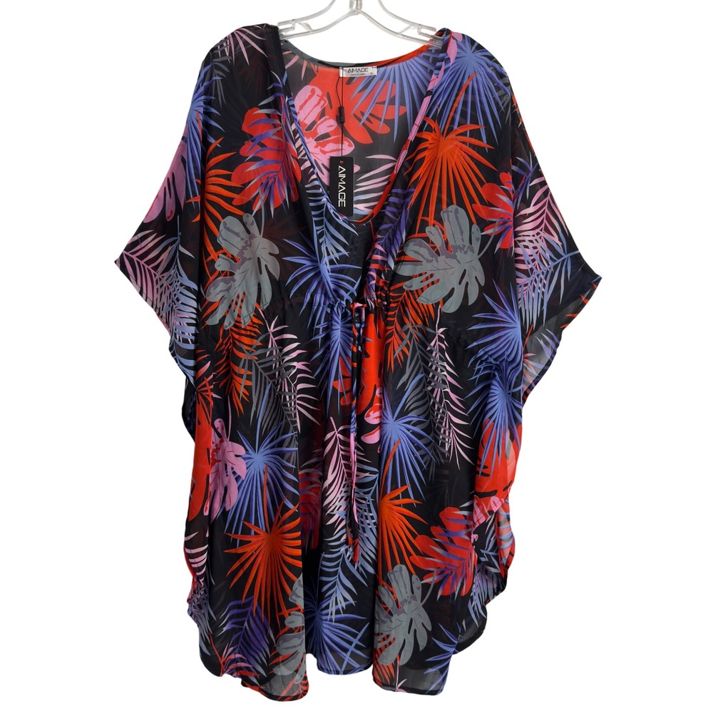 AIMAGE Women Tropical‎ Palm Print Kaftan Beach Cover Up Black Red XL NWT